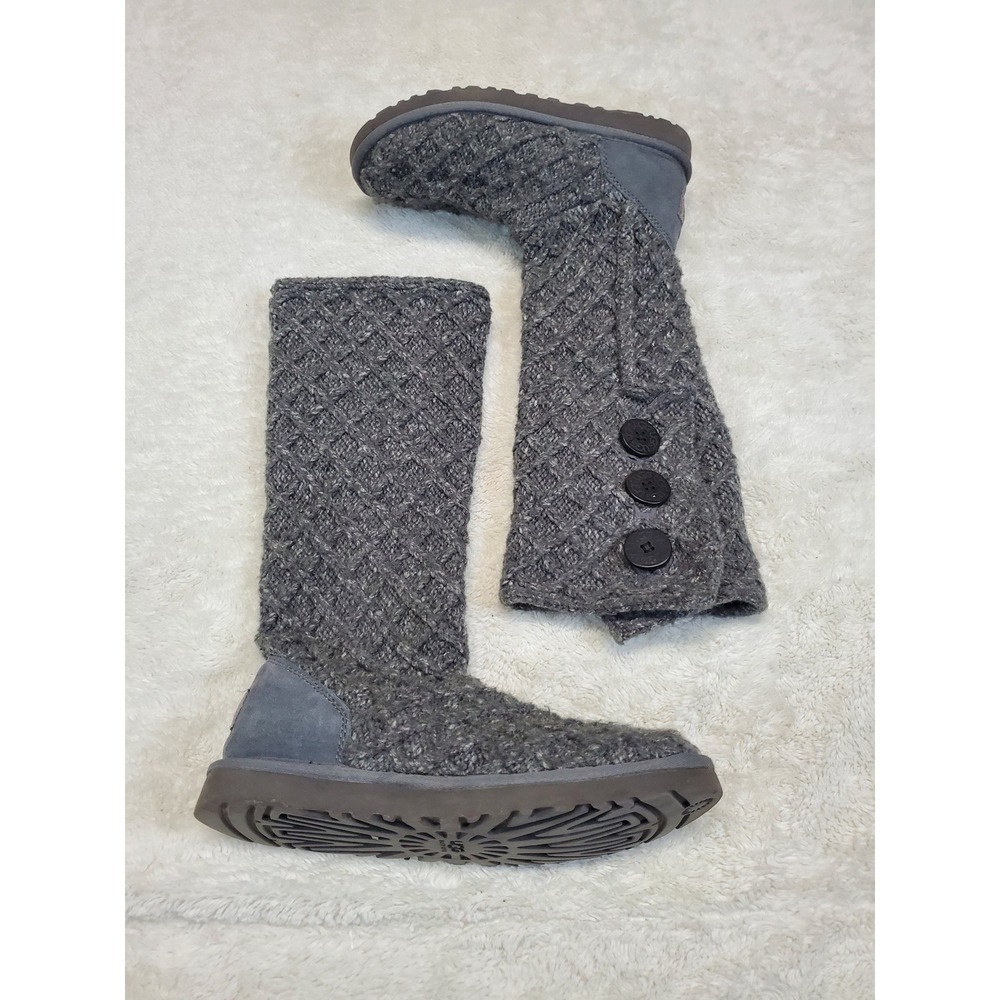 Ugg Gray Sweater Fuzzy Lattice Cardy Knit Winter Tall Boot Bootie Women 8 Casual